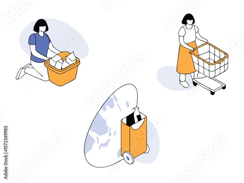 Isometric illustration of women with basket shopping cart and suitcase