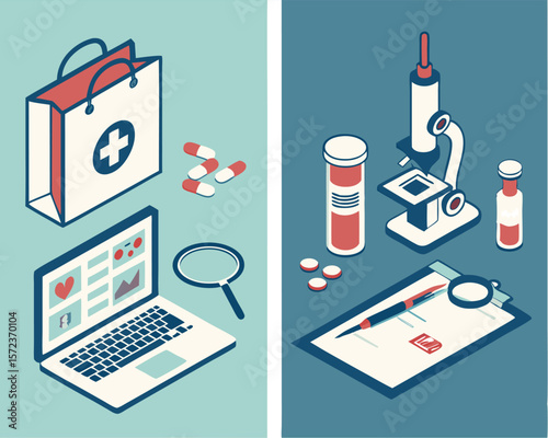 Isometric medical illustration featuring healthcare symbols and laboratory equipment on a white background