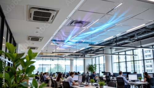 Wallpaper Mural large office space with visible ceiling vents, fresh cool air circulating among employees, bright modern interior design with plants. Torontodigital.ca