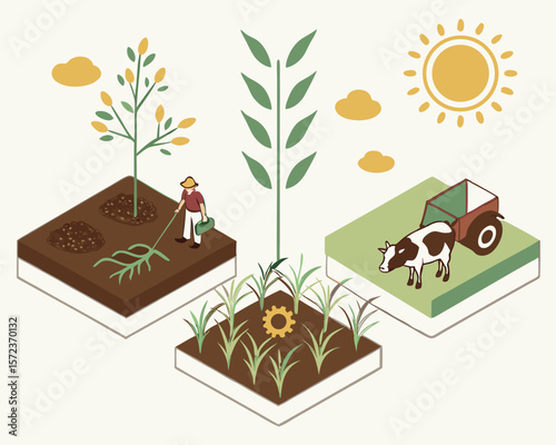 Isometric view illustrating farming with cow planting and sun on white background