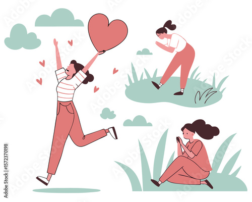 Joyful women in different poses celebrating love and connection with transparent background