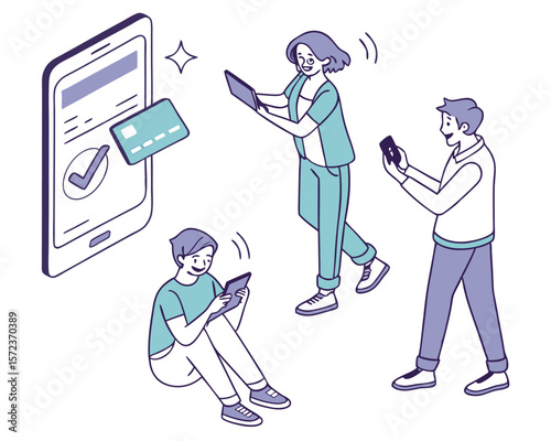 Mobile payment processing illustration depicting digital transactions and customer interactions