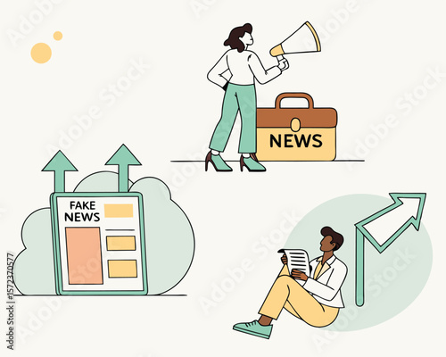 Modern illustration depicting fake news dissemination and media misinformation concepts