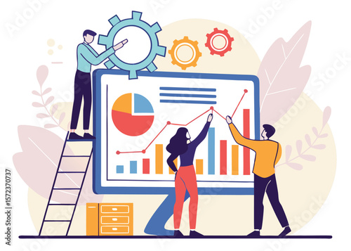 Flat Vector Illustration of Business Data Analytics and Data Scientist Team Meeting for Financial Planning and Dashboard Report Review