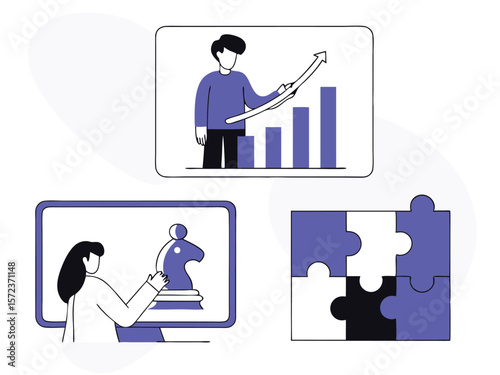 Strategic business growth and puzzle solving concept illustrated with transparent elements