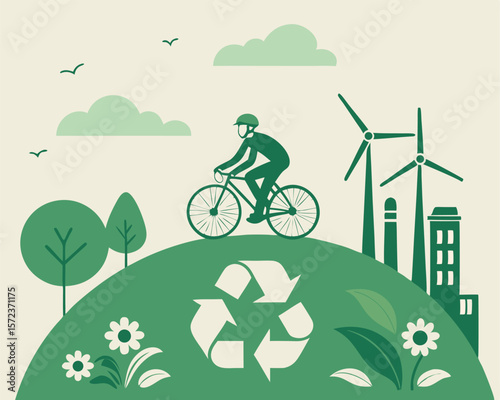 Sustainable eco-friendly design featuring bicyclist wind turbines and recycling symbol