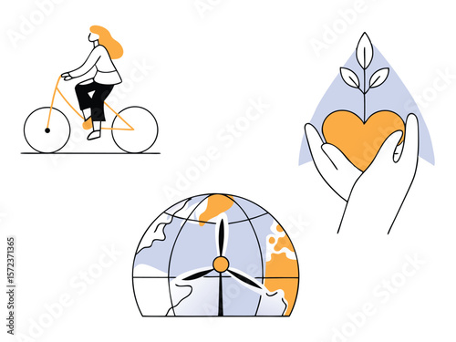 Sustainable living concept illustrated with a bicycle, heart, and wind turbine