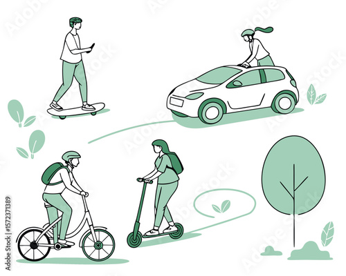 Sustainable transportation illustrated with car bicycle scooter and skateboard on white background