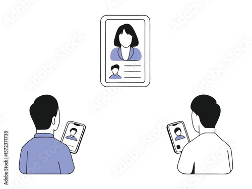Vector illustration of people viewing a profile and video conference on white background