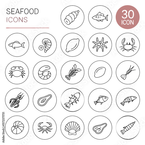 Collection of seafood icons featuring fish, shellfish, crustaceans, and other marine life in line art style