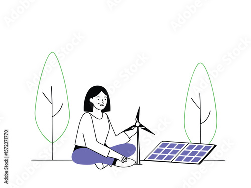 Woman adopting green energy practices with wind turbine and solar panels on white background