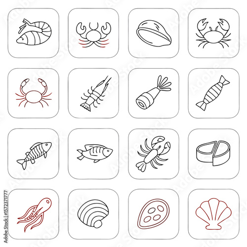 Collection of sixteen seafood icons including shrimp, crab, fish, lobster, octopus and different shells