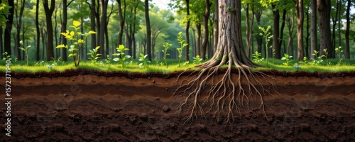 cross section of soil beneath a forest showing carbon storage, tree roots and mycorrhizal networks interacting with carbon compounds, realistic scientific art
