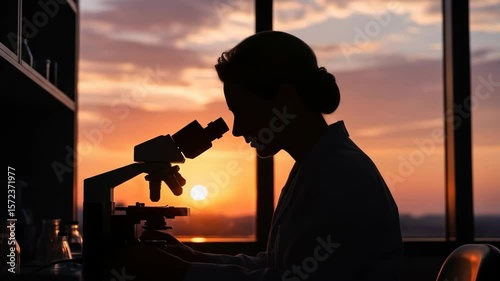 Silhouetted Scientist Using Microscope at Sunset - The silhouette of a scientist is shown using a microscope in a lab setting as the sun sets outside a large window.