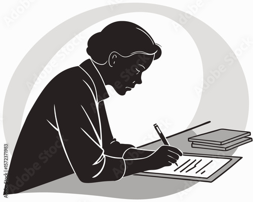 A professional silhouette writing at a desk with clean lines and a transparent background