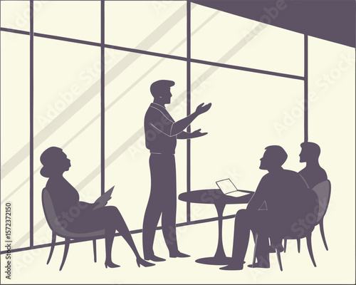 Business meeting and presentation illustration with silhouetted professionals in modern office space