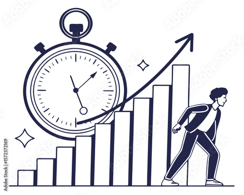 Business growth and time management concept depicted with stopwatch and rising bar graph