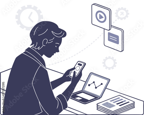 Business person analyzing data on smartphone laptop and documents illustrating analytics on transparent background