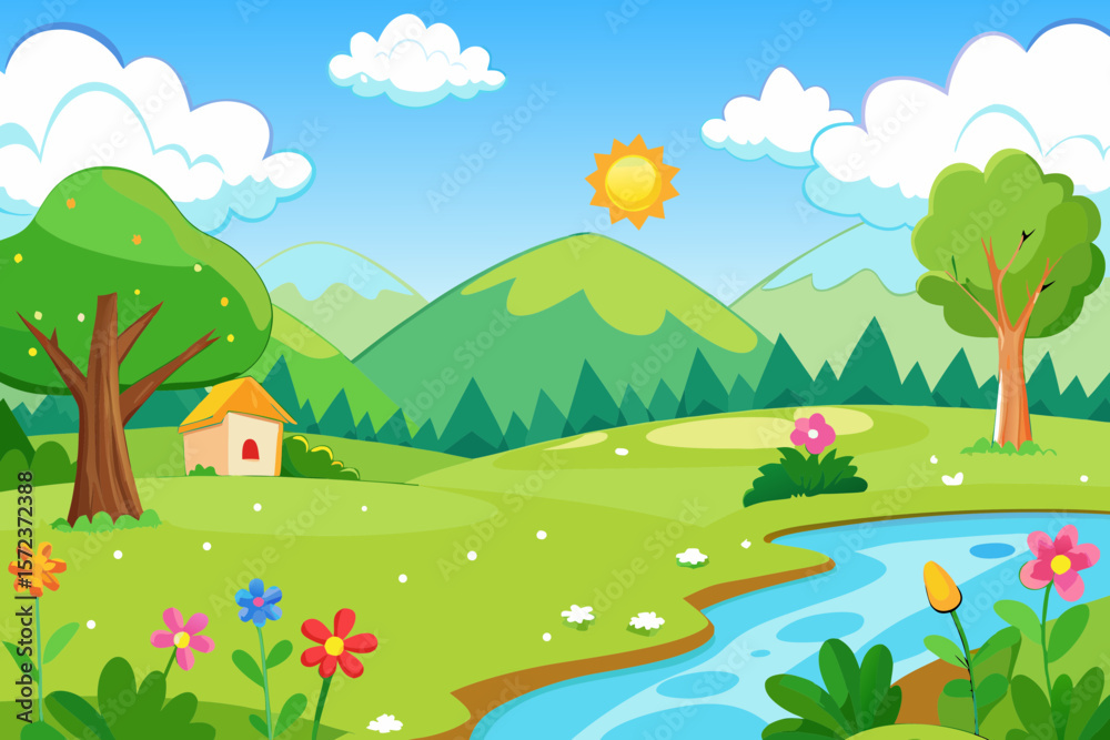 Obraz premium Vibrant cartoon landscape with rolling green hills a river and a small house