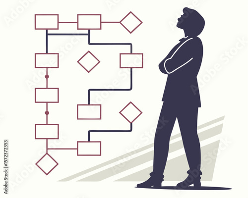 Business professional contemplating flowchart strategy vector illustration suitable for transparent background use.