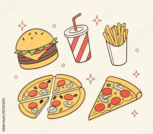 A vector set of fast food icons, including pizza, hamburger, and other hot Italian meal illustrations with cheese, meat, and tomato
