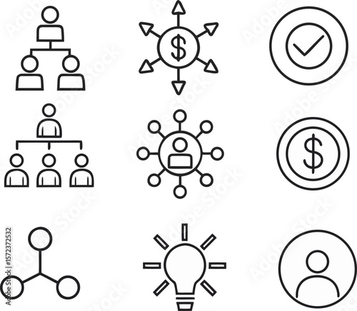 Collection of business and finance icons representing organization growth and success