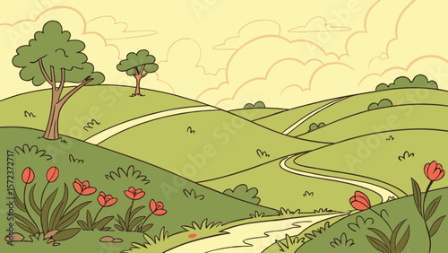 Idyllic rolling green hills with winding paths and blooming tulips