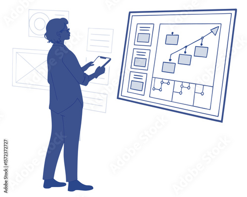 Businesswoman analyzing a data flow chart on a display with transparent background for various projects