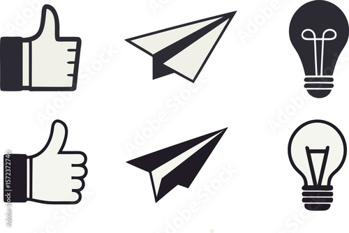 Collection of simple flat icons representing social media likes paper airplanes and lightbulbs