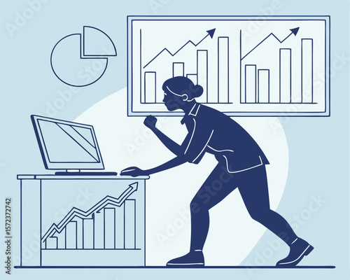 Businesswoman analyzing financial charts and graphs on a computer for data analysis and growth