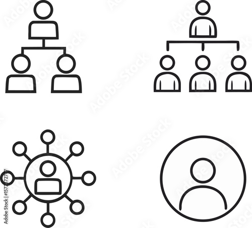 Collection of four simple line art icons representing organizational structures and individuals