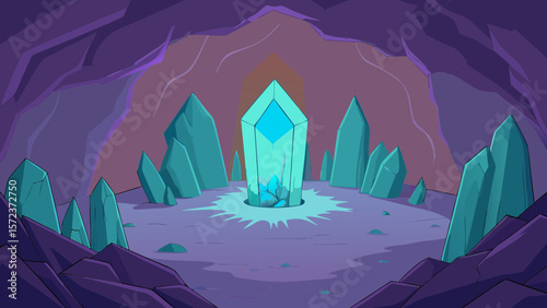 Mysterious glowing crystal cave with jagged blue and purple formations