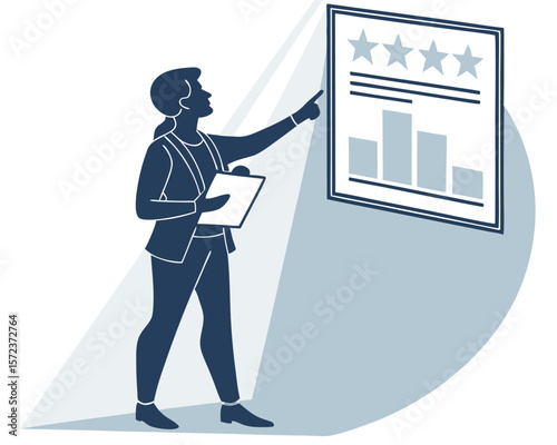 Businesswoman pointing at performance chart silhouette on white background demonstrating statistical data