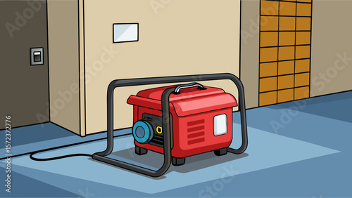 Red portable generator with black frame and cord on a blue floor