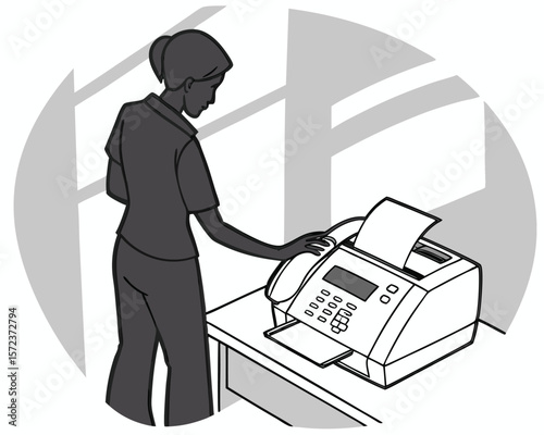 Businesswoman using a fax machine vector illustration with transparency for versatile design application.