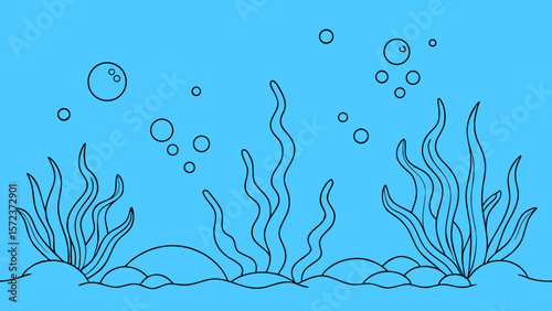 Simple line drawing of underwater scene with seaweed and bubbles