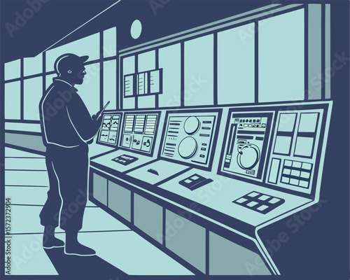 Control room operator examining equipment depicted in a silhouette style vector graphic illustration
