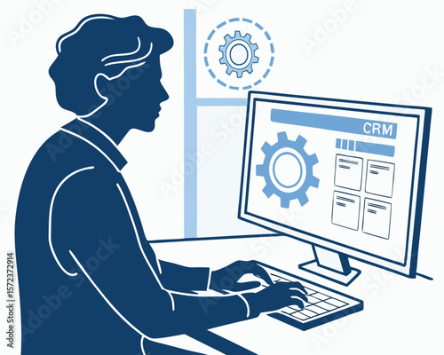 Customer relationship management representative working on computer software with digital gear icon integration