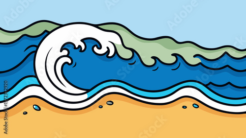 Stylized cartoon ocean waves crashing on a sandy beach shoreline