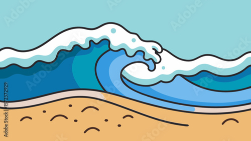 Stylized illustration of a large blue ocean wave crashing on a sandy beach