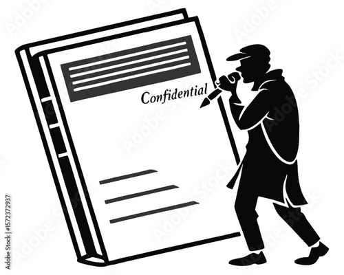 Detective holding a microphone next to confidential document with transparency for versatile design use