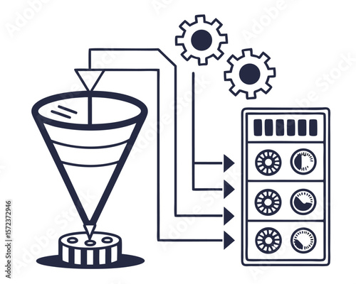 Illustrated diagram of industrial processing system depicting filtration and measurement processes.