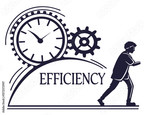 Efficiency concept depicted with gears clock and a person pushing towards the idea