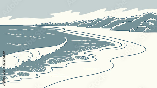 Stylized illustration of a serene ocean coastline with rolling waves and distant hills