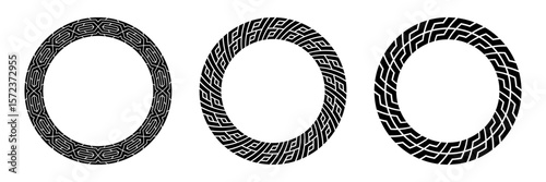 Set of round geometric frames. Stylish round ornaments isolated on white background. Design element for tattoo. Black and white round decorative ornament.