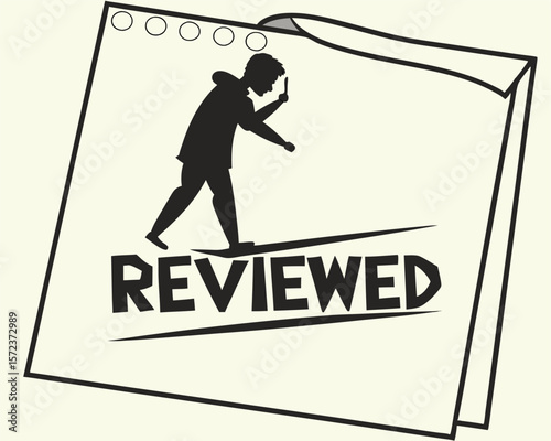 Illustration depicting the word reviewed with a person walking on a review line on a paper