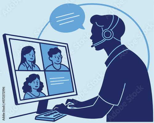 Illustration of a person using a computer for a video conference call with colleagues