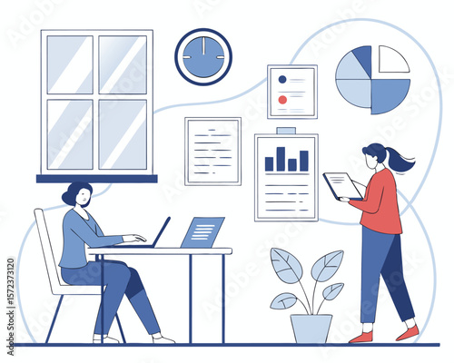 Modern office scene illustration featuring two professionals analyzing data and working with technology