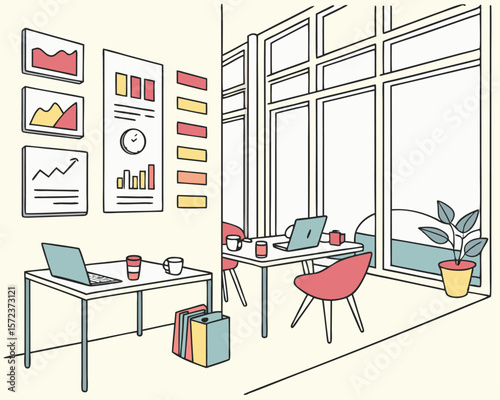 Modern office interior with workspaces illustrated with charts and windows suitable for design projects