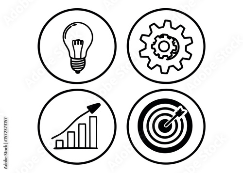 Black and White Icon Set of Lightbulb Gear Chart and Target